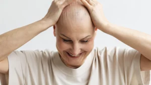 Mujer sin cabello, con las manos apoyadas sobre la cabeza y la mirada hacia abajo.