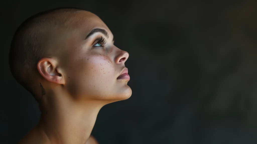 Retrato de perfil de una mujer con el cabello rapado y la mirada hacia arriba sobre un fondo oscuro.